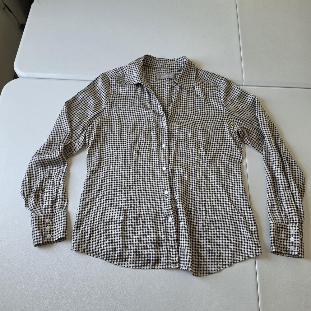 Liz Claiborne Button Up Shirt Womens 10 Black Silk Houndstooth Long Sleeve Top